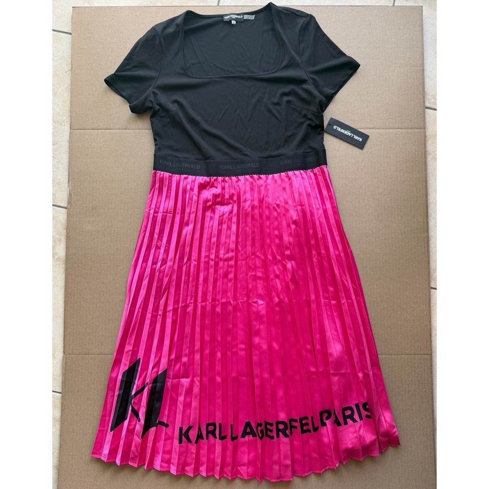 Karl Lagerfeld Black Pink Dress Womens Large Pleated Logo Midi L4BB9965